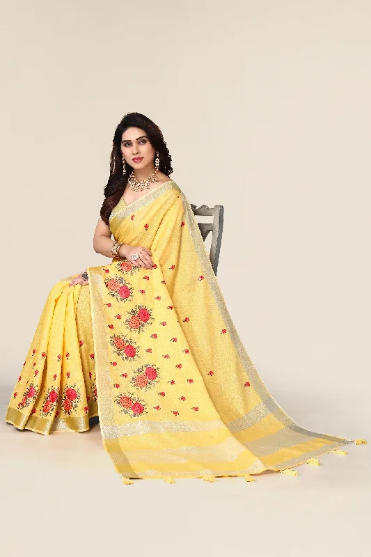 Women Party Wear Embroidery Worked Pure Cotton Silk Saree with Un Stitched Blouse Frilled Cuff Blouse Women Party Wear Embroidery Worked Pure Cotton Silk Saree with Un Stitched Blouse Frilled Cuff Blouse