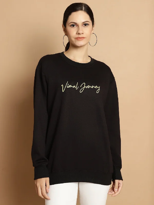 Vimal Jonney Black Printed Round Neck Cotton Fleece Sweatshirt for Women Hoodie with Strings Custom Fit Adjustable