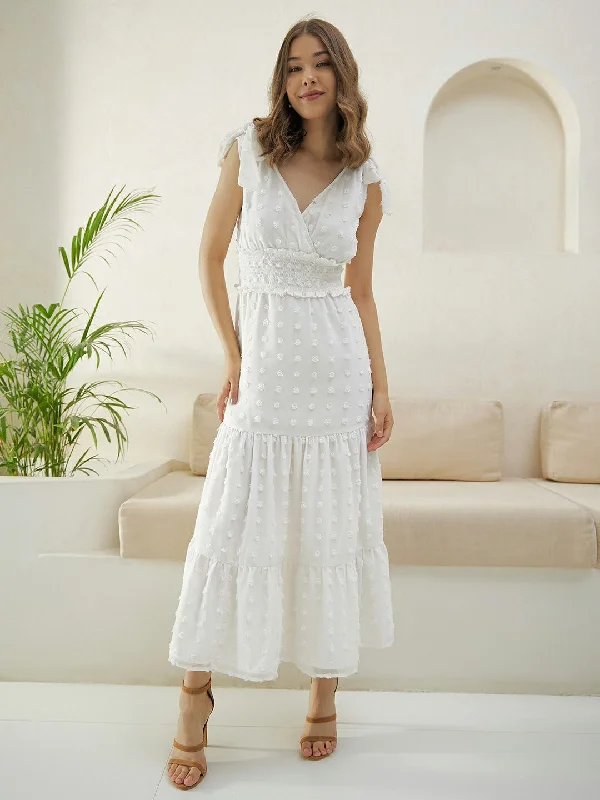 Berrylush Women White Self-Design Pattern V-Neck Sleeveless Tie-Up Straps Smocked Maxi Dress Chic Summer Floral Maxi Dress