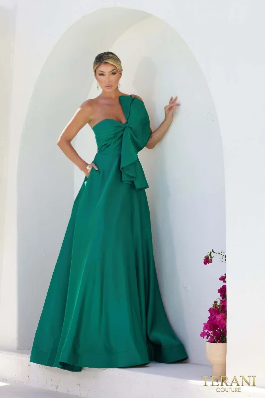 241P2067 TERANI Asymmetrical Matte Satin Evening Ballgown Dress