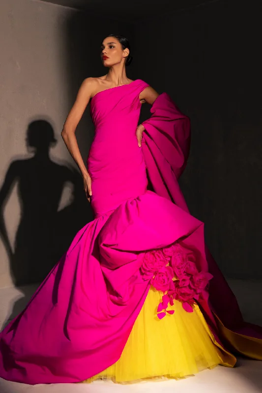 Asymmetrical neckline taffeta dress with flowers