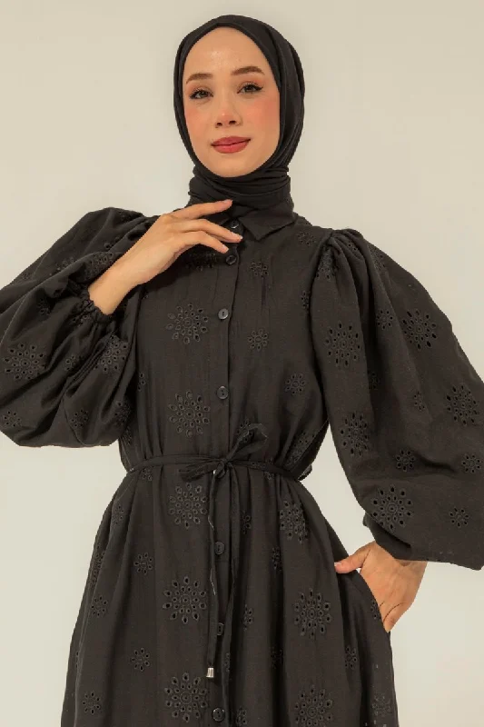 Embroidered Neck Buttoned Dress