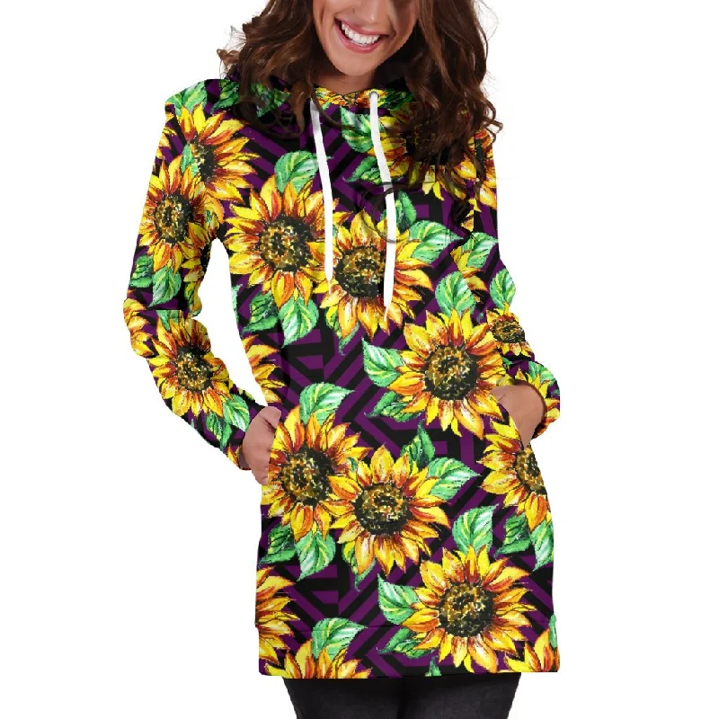 Purple Trippy Sunflower Pattern Print Pullover Hoodie Dress