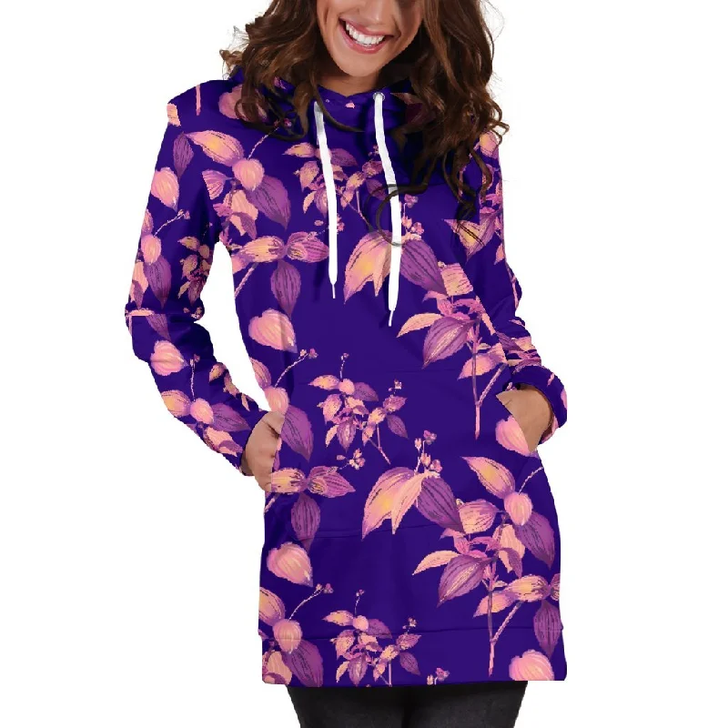 Purple Tropical Hawaiian Pattern Print Pullover Hoodie Dress