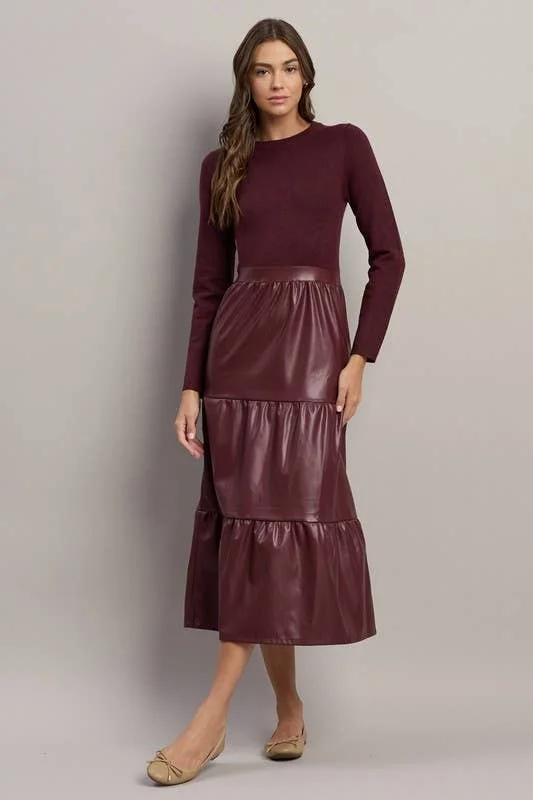 Sweater & Vegan Leather Dress: Burgundy