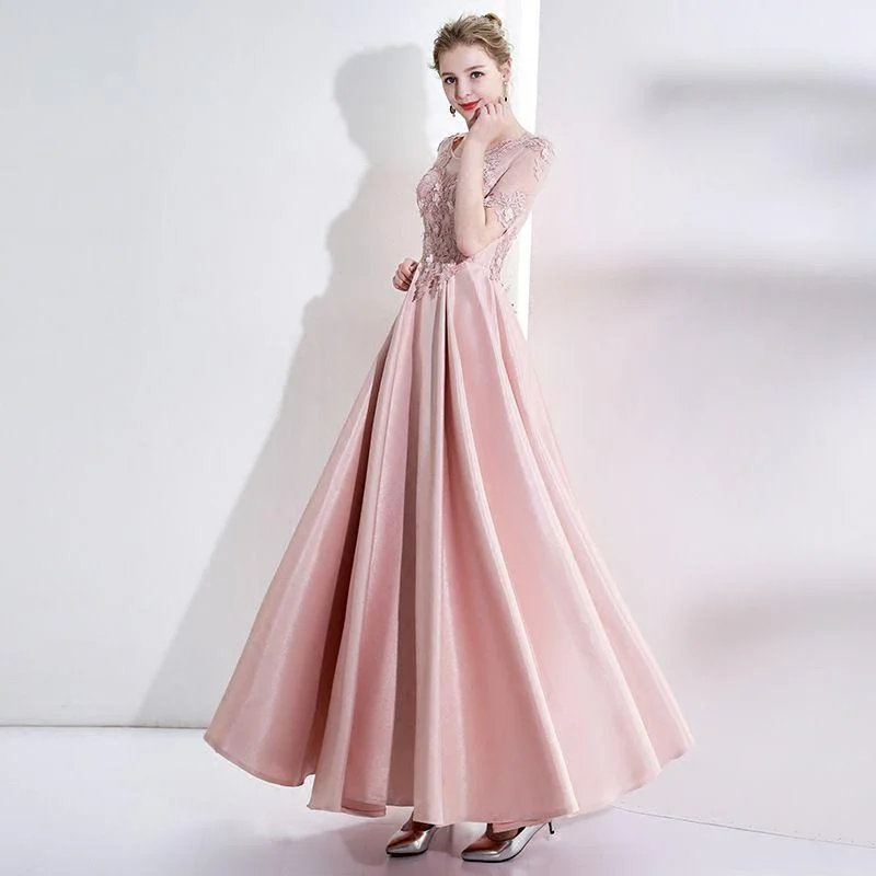 Women Solid Color Flower Lace Half Sleeves Pattern Floor Length Formal Dress