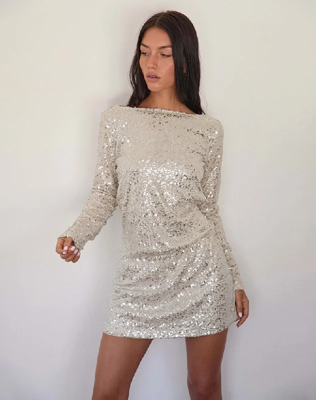 Jasilia Long Sleeve Mini Dress in Neutral Sequin Elegant Vintage Mini Dress