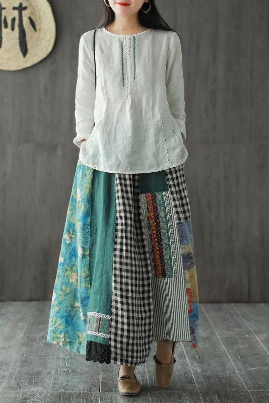 Casual 100% linen A-line skirt with irregular print stitching denim skirt classic